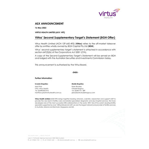 087-VRT-ASX Announcement - Second Supplementary Target's Statement (BGH Offer) 16 May 2022.pdf