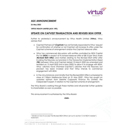 090-VRT-ASX Announcement - Update on CapVest transaction and revised BGH offer 26 May 2022.pdf