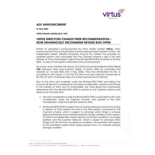 Virtus Directors change their recommendation – now unanimously recommend revised BGH offer