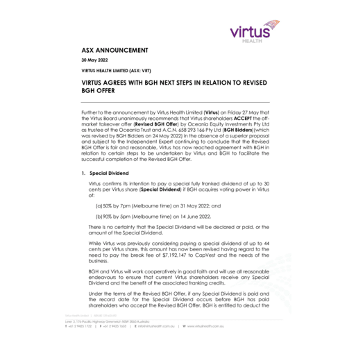 092-VRT-ASX Announcement - Virtus agrees with BGH next steps in relation to revised BGH offer 30 May 2022.pdf