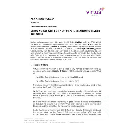 Virtus agrees with BGH next steps in relation to revised BGH offer