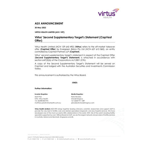 Virtus’ Second Supplementary Target’s Statement (CapVest Offer)