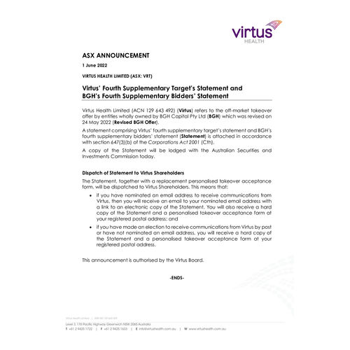096-VRT-Fourth Supplementary Target's and Bidder's Statement BGH offer 1 June 2022.pdf