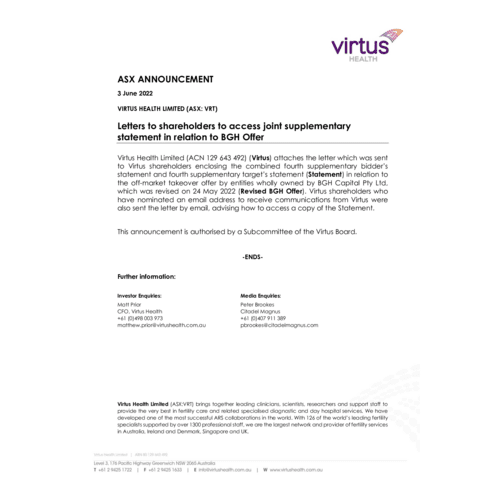 097 - Letters to shareholders to access joint supplementary statement in relation to BGH offer