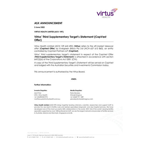 098 - Virtus’ Third Supplementary Target’s Statement (CapVest Offer)