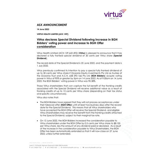Virtus declares Special Dividend following increase in BGH Bidders’ voting power and increase to BGH Offer consideration